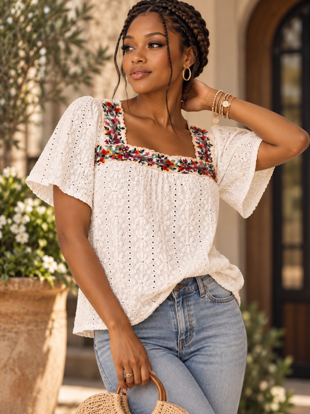 Eyelet Square-Neck Peasant Top with Colorful Embroidery - White